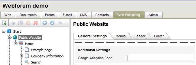 Additional settings This section describes how the service Google Analytics can be used. The service is used to measure traffic on the website. Navigation path 1. Web Publishing (module tab) 2.