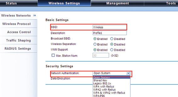 Click Apply to apply the configuration immediately. Figure 4-6. Wireless Settings screen.