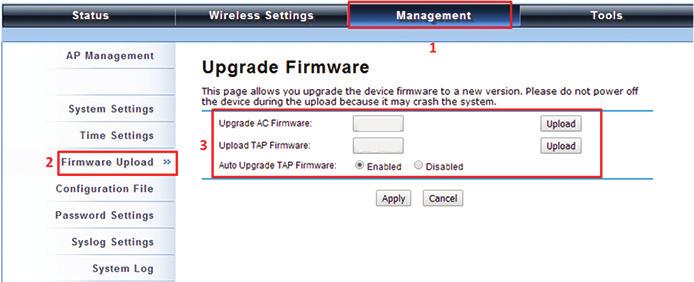 firmware file where it is placed. Press Upload to start the upgrade process. It will take approximately two minutes to complete the update. Figure 4-8. Upgrade Firmware screen.