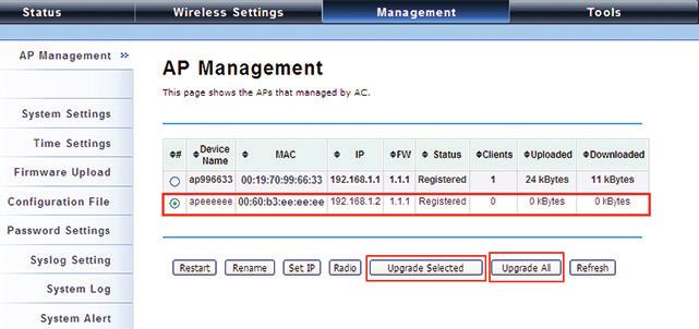 Chapter 4: Configuration Figure 4-17. AP Management screen, Upgrade. Monitor the Ethernet Extender-Managed AP To view each managed AP s status, go to Status > Managed APs.