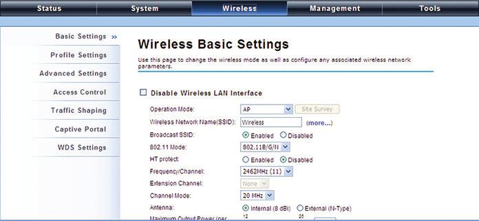 Chapter 4: Configuration AP Mode 1. Choose Wireless > Basic Settings. The default is AP mode already.