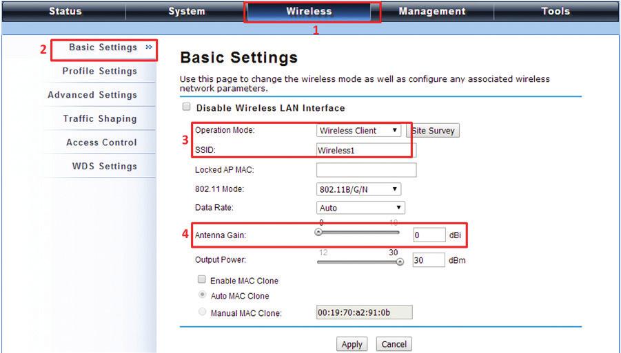 Chapter 4: Configuration Wireless Client Mode 1. Choose Wireless > Basic Settings. Then you will see the Wireless Basic Settings page.