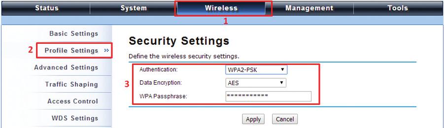 items, and click Apply for data encryption. Figure 4-28. Profile Settings selected, Wireless tab. 4. To confirm that the extender has been associated, go to Status > Connections.