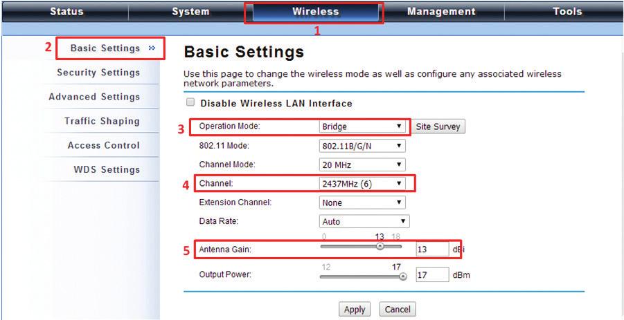 Chapter 4: Configuration Bridge Mode 1. Choose Wireless > Basic Settings. Then you will see the Wireless Basic Settings page. Choose Bridge from Wireless Mode, and click Apply to save it.