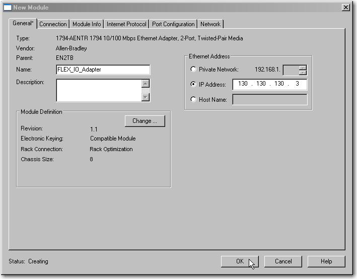 Module. The Select Module Type dialog opens. 2. Select the 1794-AENTR Ethernet adapter from the list and click Create.