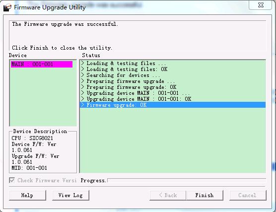 7. The Firmware Management Utility Upgrade Succeeded After the upgrade has completed, a screen appears to inform you that the procedure was successful.