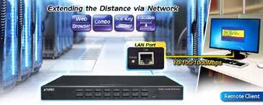The captures, digitizes and compresses video signal, and then transmits it with keyboard and mouse signals through IP network. Multiple remote sites can monitor the same PC server simultaneously.