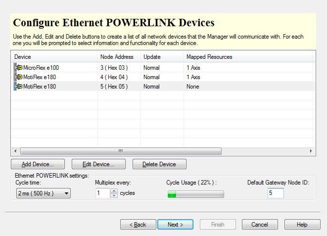 MicroFlex e100, node 3 MotiFlex e180, node 4 MotiFlex e180, acting as an EPL router and gateway, node 5 Default Gateway Node ID set to the node ID of the EPL router Highlight the drive being used as