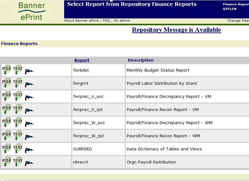 Inside The Report Selection page shows a list of available reports. Use the icons to the left to open and navigate the reports. Reports can be opened in PDF or TEXT format.