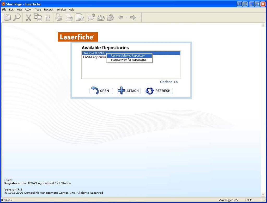 Close the folder browser that is displaying the restore repository. Start the Laserfiche client again.