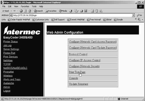 3 Click Login. The Network Configuration Login page appears. 4 Enter intermec in lowercase in the Network Card Access Password field and click Submit. 5 Click Admin.