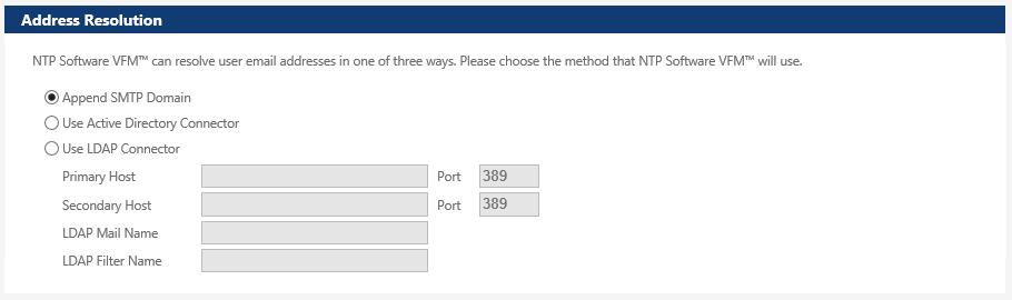 NTP Software VFM Administration Site Configuration Configuring Mail Settings NTP Software VFM can send out notifications to end users when their requests have been successfully completed.