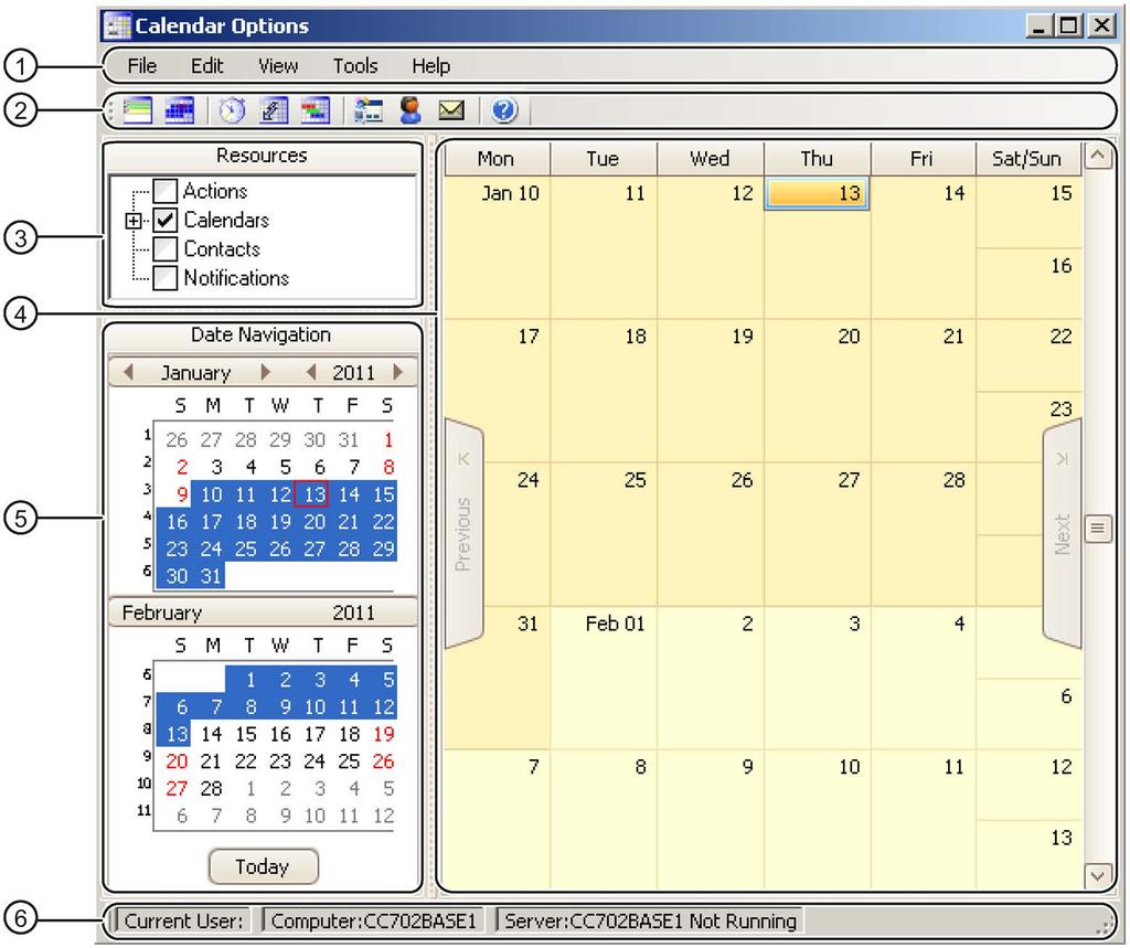 WinCC/Event Notifier Documentation 6.3 Working with Event Notifier 6.3.3 Calendar Options Editor 6.3.3.1 Calendar Options Editor elements Introduction When you start a Calendar Option in WinCC Explorer, the Calendar Options Editor is opened.