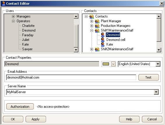 WinCC/Event Notifier Documentation 6.4 Configuration Creating a contact 1. Open the Contact Editor. 2. Under "Users", select a WinCC user name and drag it to a contact group.