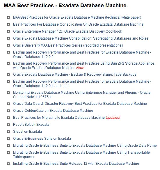 Exadata Best Practices Extensive Resource Library (search Exadata MAA) MAA Overall Consolidation MAA Videos Backup/Recovery Monitoring