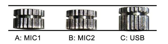 Knob Screw Instruction: A: MIC1 and B: MIC 2 are microphone knobs, they have the same height. One without hole for waterproof, one with hole for better sound quality when recording sound alone.