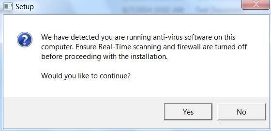 Figure 4. Location of the excitable file: ccs_setup_6.0.0.00190.exe 3) When the installer begins, you will get a note like the one shown here about the antivirus software. Just click Yes.