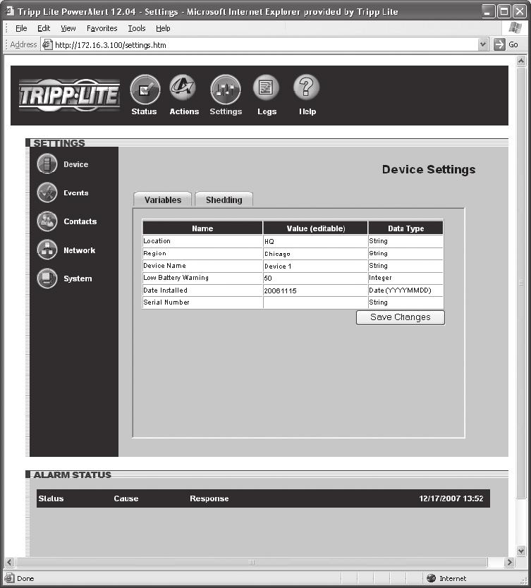 3.2 Web Console Interface Clicking the Tripp Lite logo A in the header opens Tripp Lite s Web site in a new browser window.