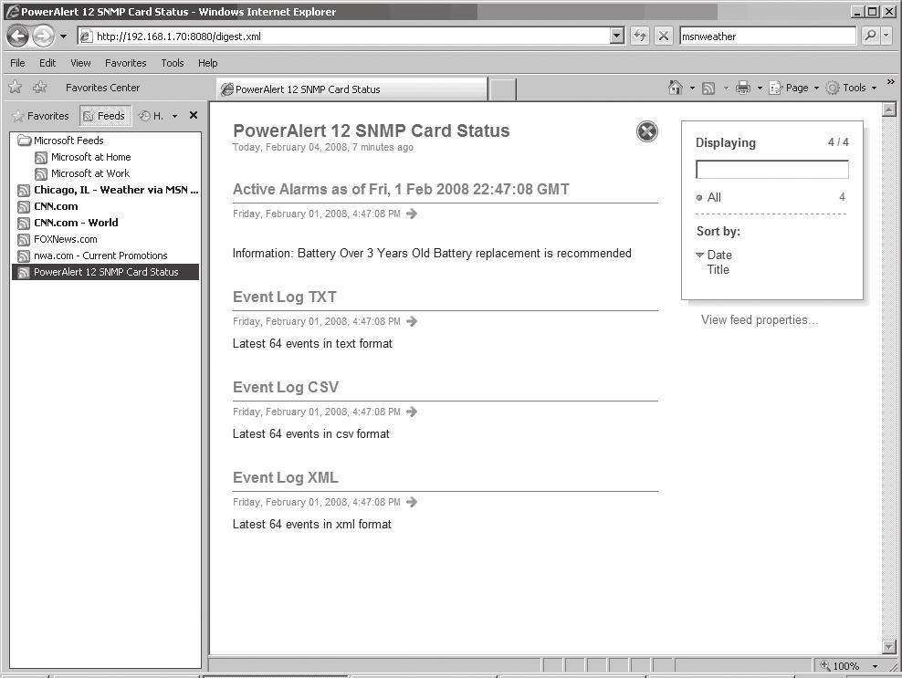 SNMPWEBCARD s HTTP Web interface makes it possible to retrieve current alarm status through XML, text (TXT), or comma-delimited CVS file extensions.