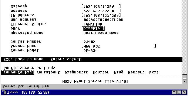 Telnet Console Press Enter to activate a pop up window displaying the two DHCP options (shown below).