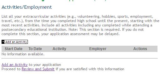 27. The following page should be displayed. Please read the instructions for submitting relevant transcripts, and click on Activities/Employment. 28.