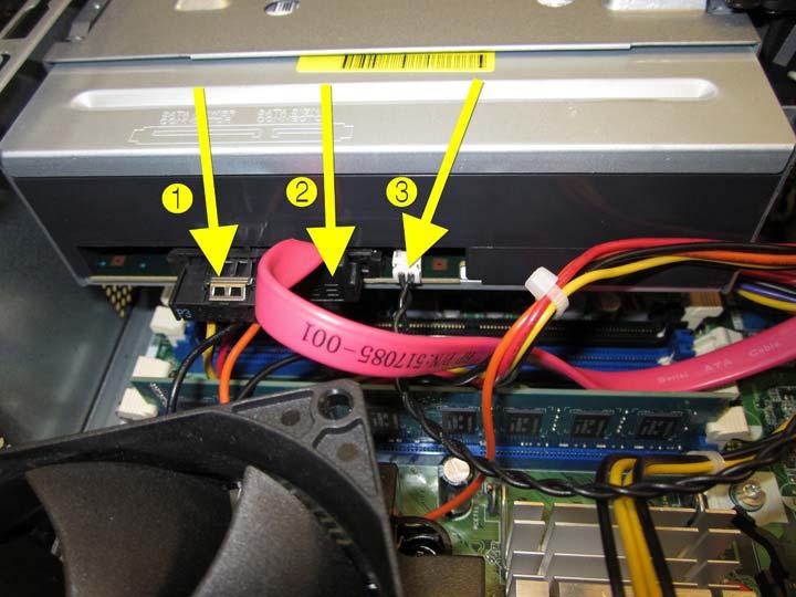5. Disconnect the power cable (1), data cable (2), and eject cables (3) from the rear of the optical drive. Figure 6-23 Disconnecting the Optical Drive Cables 6.
