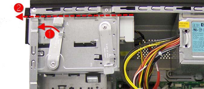 Figure 5-21 Disconnecting the Power and Data Cables 5. Pull out the drive latch and swing it to the left(1), then slide the drive out of the front of the chassis (2).