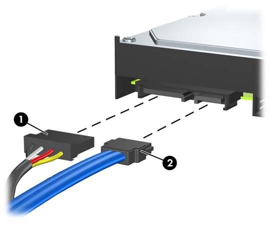 6. Disconnect the power cable (1) and data cable (2) from the back of the hard
