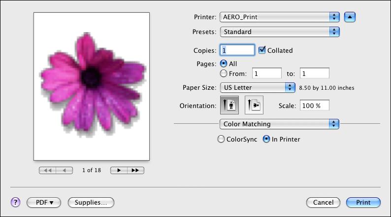 COLORWISE PRINT OPTIONS 31 Mac OS X v10.5 and 10.6: Click Preview, choose Color Matching from the drop-down list, and then select In Printer. 4 Choose Fiery Features from the drop-down list.