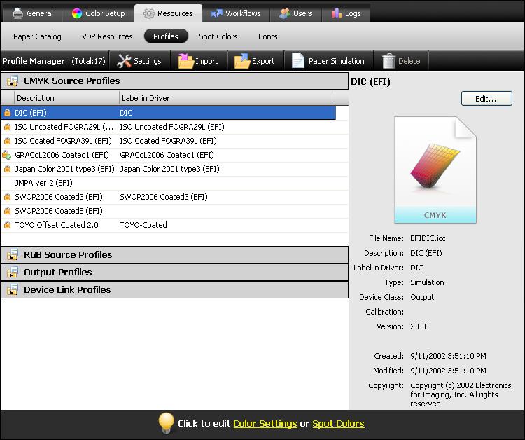 COLOR PROFILES 41 Profile Manager in Command WorkStation Command WorkStation allows you to import ICC profiles to the EX Print Server, export profiles, delete profiles (except for default profiles),