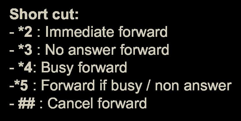 *2 : Immediate forward - *3 : No answer forward - *4: Busy forward -*5 : Forward if