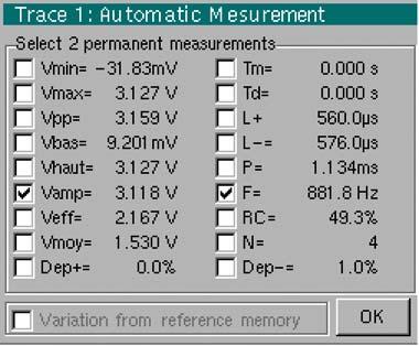 A direct comparison of two waveforms is performed by checking "variation from reference memory", in order to display up to18 parameters