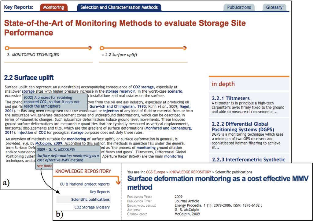 Key words as described in the CO 2 Storage glossary are blue-highlighted in the text and linked to the short definition of the glossary by drifting on with the mouse (see Figure 13).
