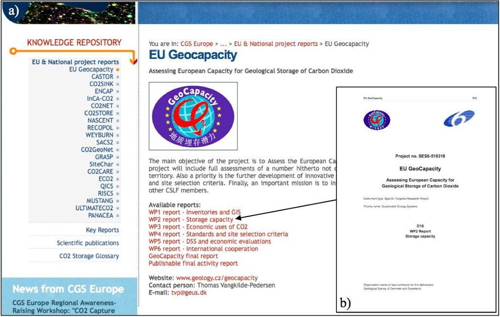 Figure 4 Example of the European EU Geocapacity project: a) short description of the project, list of reports and link to the website, and a contact person; b) example of a report (here deliverable)