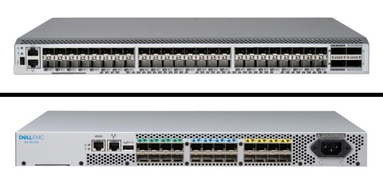The 1U base chassis of the DS-6610B is prepopulated with eight 16Gb/s Fibre Channel Small Form Factor Pluggable (SFP+) shortwave optics.