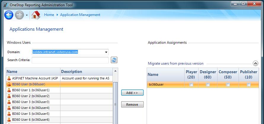 2. The mid-section of the page contains four buttons: Button OSR Administration User Guide Function Adds the highlighted user from the Windows Users list to the Application Assignments list.