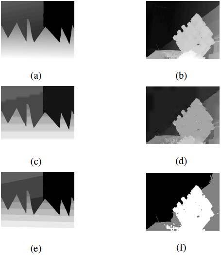 datasets of Table I. Fig. 12. Geometry images for Sawtooth (left) and Statue (right) sequences. Subfigures (a) and (b) are the original depth maps.