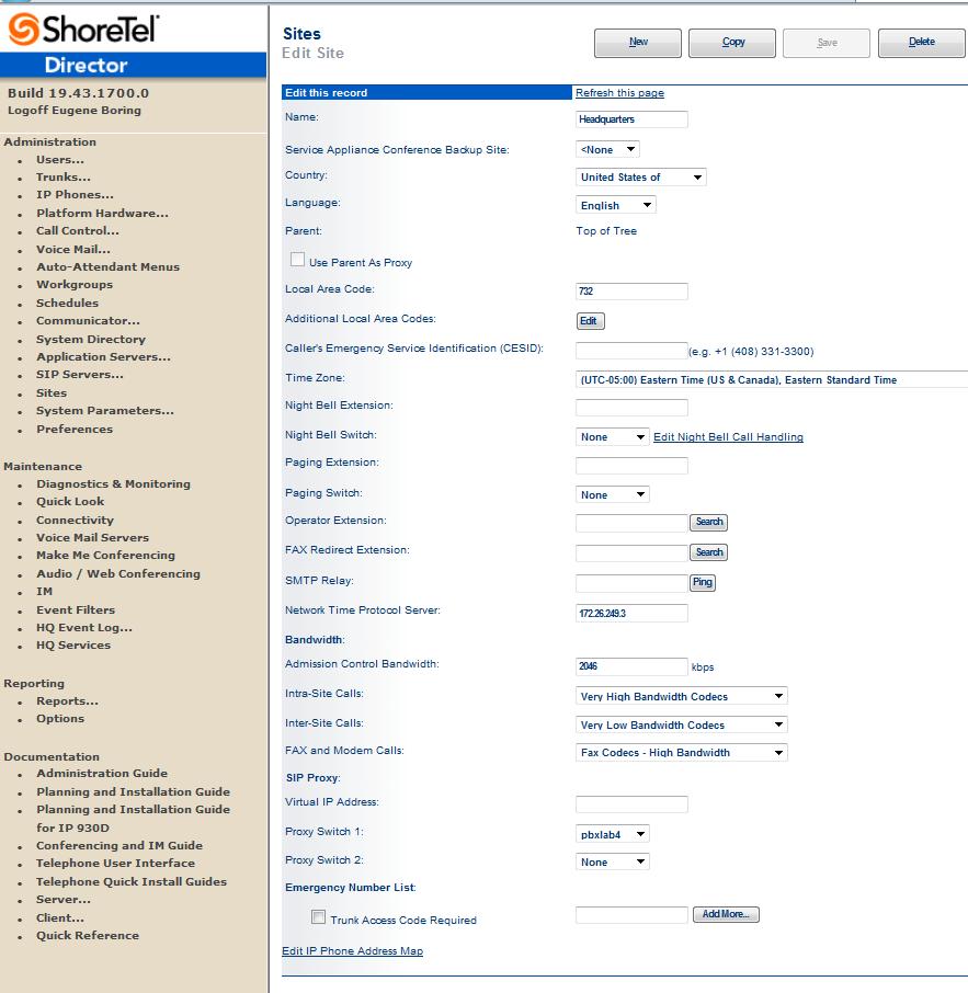 Configuration Note 3. Configuring ShoreTel IP-PBX 3.3 Sites Settings The next settings to address are the administration of sites.