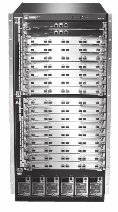 The EX8200 line of switches consists of two chassis options: The Juniper Networks EX8208 Ethernet Switch offers eight dedicated slots in a 14 rack-unit (RU) chassis to support line cards offering a