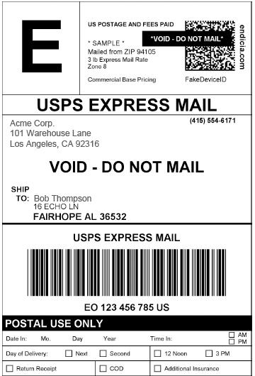 Stealth postage Where carrier options allow, your labels will not show and BOB THOMPSON 650 555-1234 215 A ST.