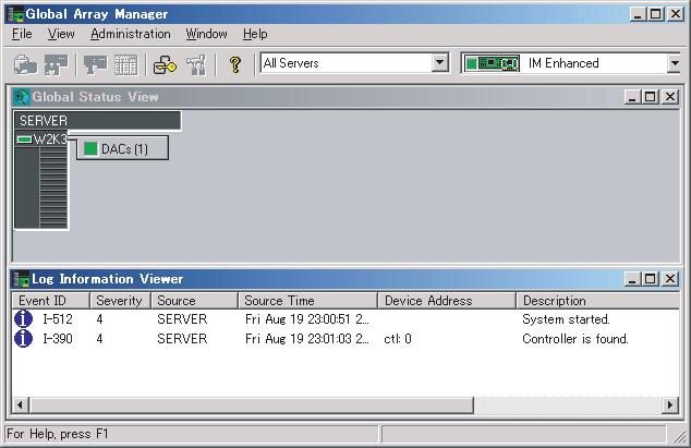 Onboard SCSI RAID User s Guide 3.3 Window Layout The following provides a description of windows, buttons, and menu items displayed when using GAM. 3.3.1 Startup Window Layout/Functions When GAM is started, a window consisting of [Global Status View] and [Log Information Viewer] will appear.
