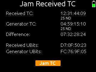 Jam Menu The Setup Menu option TIMECODE/SYNC > Jam Menu displays the timecode Jam Menu.