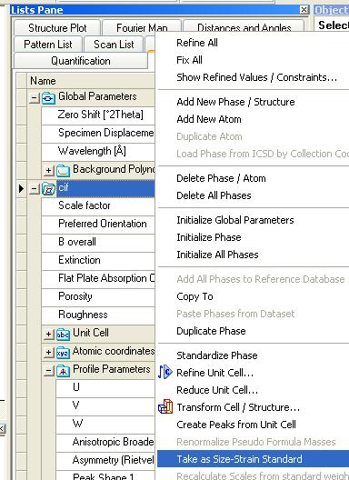 Use the results of the previous refinement to create instrument profile parameters In the Refinement Control list, rightclick on the phase name you need to click on the phase name, not on any other