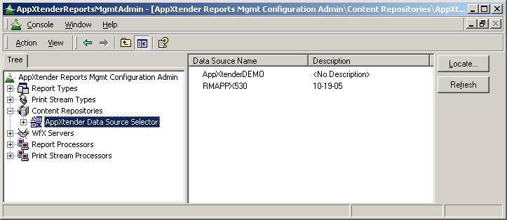 Managing AppXtender Data Sources Viewing Existing AppXtender Data Sources The AppXtender Reports Mgmt Configuration Admin lists all of the AppXtender data sources that have been added to the current