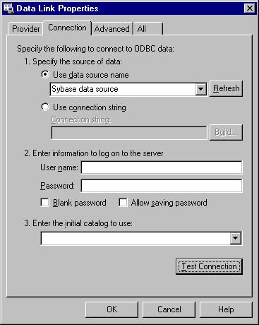 Managing AppXtender Data Sources Figure 63 Data Link Properties Dialog Box - Connection Tab 5. From the Use data source name list, select the Sybase data source that you created in ODBC Administrator.