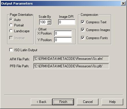 Configuring Print Stream Types Configuring the Metacode Wizard Output Parameters Page The Output Parameters page of the Metacode print stream wizard allows you to configure the PDF output of the