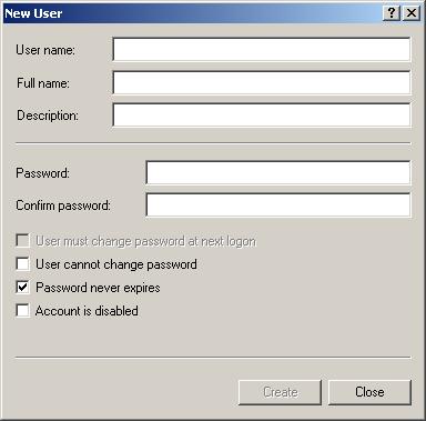 Installing ApplicationXtender Reports Management Figure 3 New User Dialog Box 7. Enter a User name, Full name, Description, Password, and Password confirmation in the available text boxes. 8.