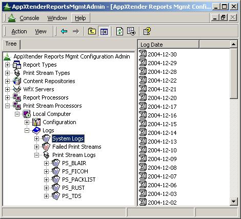 Managing the Print Stream Processor Figure 137 AppXtender Reports Mgmt Print Stream Processor System Logs 5.