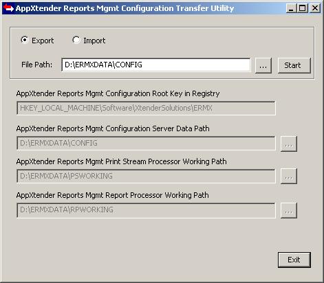 ApplicationXtender Reports Management Configuration Admin Exporting Configuration Data To export AppXtender Reports Mgmt configuration data: 1. Double-click TransferERMX.