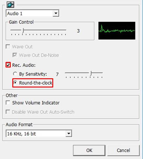 GV-DVR: Configure > A/V Settings > Audio Settings > enable Rec Audio and Round-the-Clock Audio options to